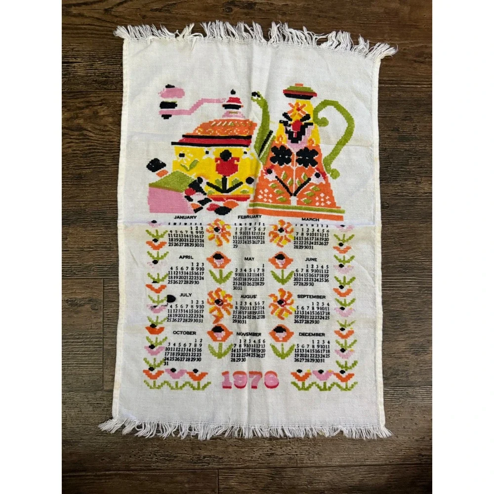 Vintage 1976 Calendar Kitchen Tea Pot Towel‎ Tapestry Wall Hanging